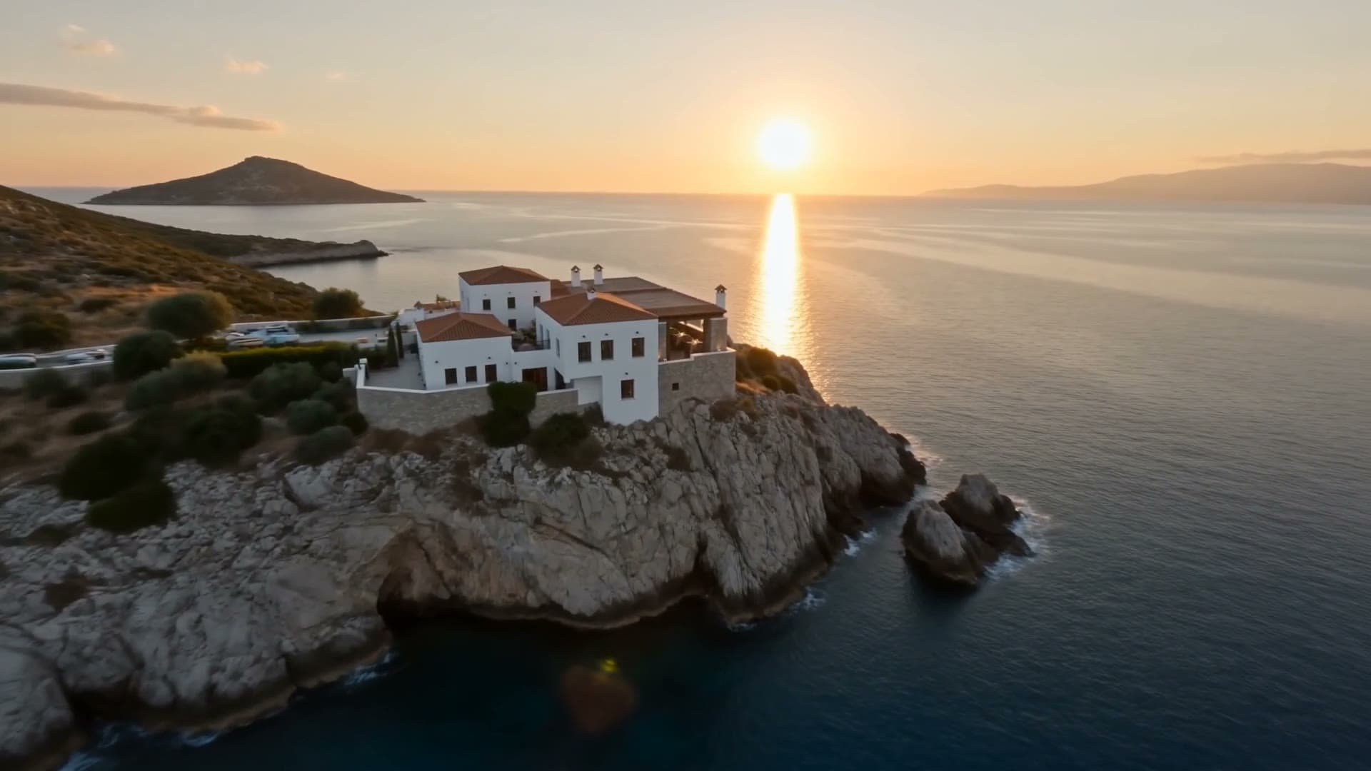 Golden light over the restaurant's Mediterranean terrace