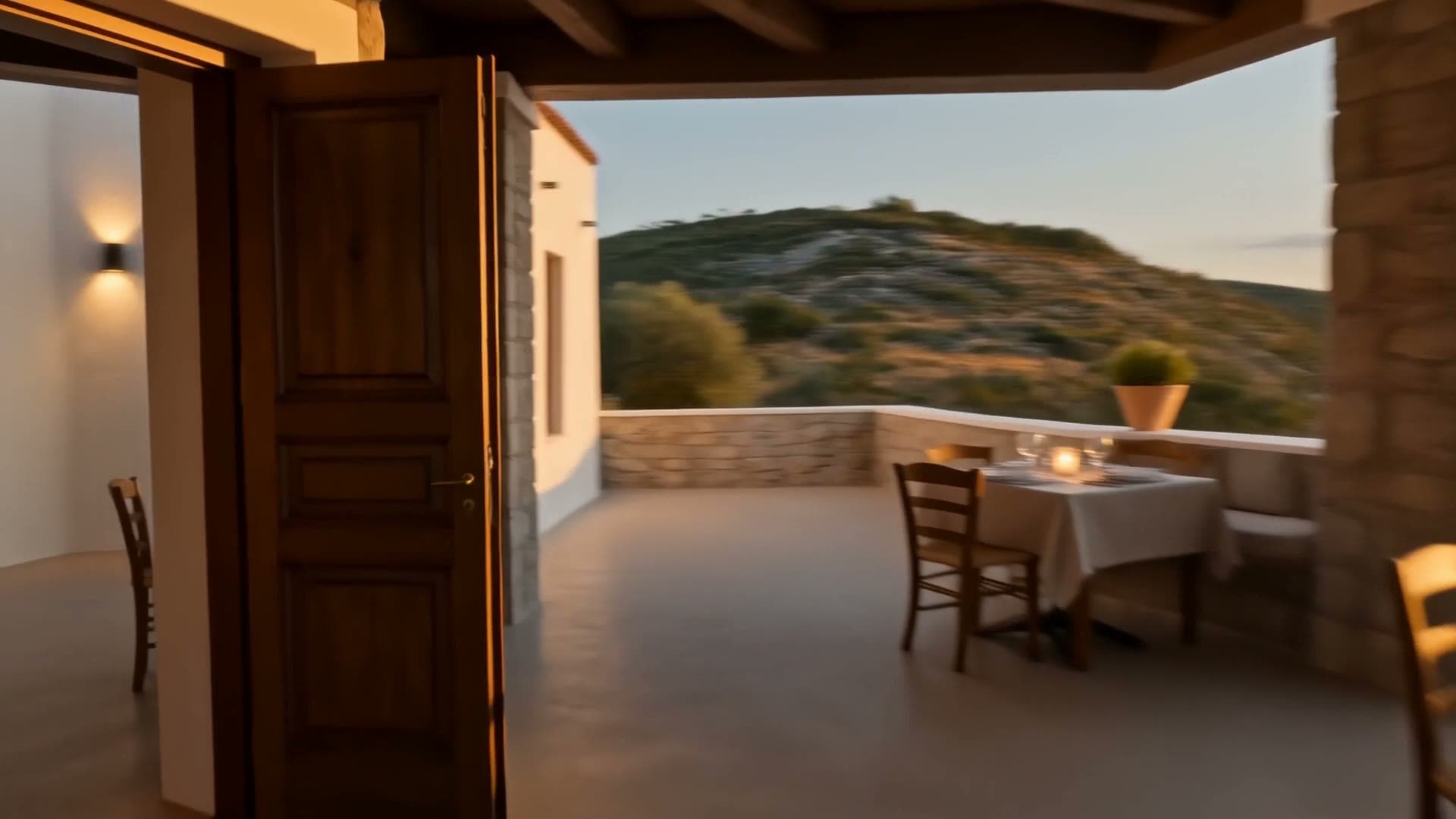 Natural stone, warm wood and softly lit tables inside the restaurant